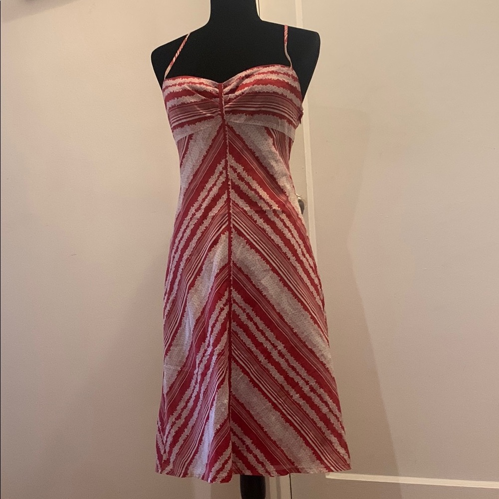 BCBGMaxAzria Red and White Chevron Midi Dress